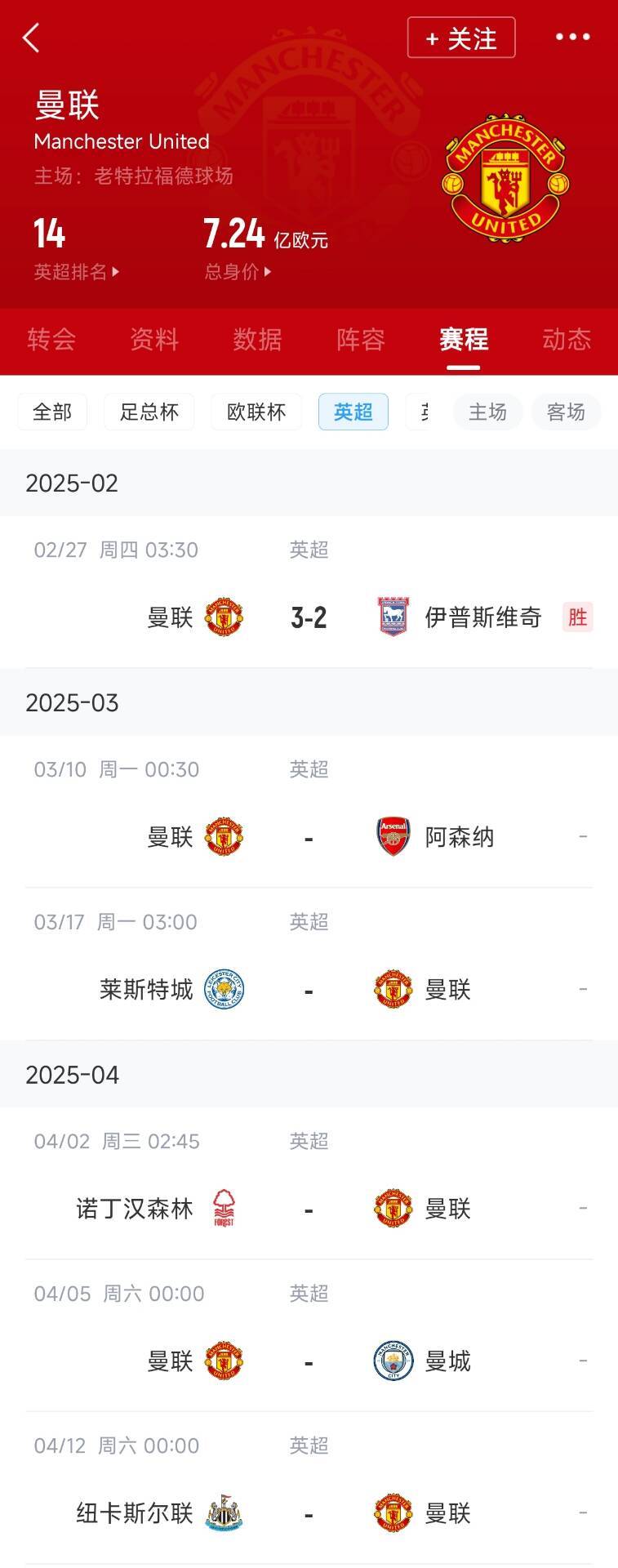 藍狐救一下？曼聯(lián)未來5輪將遭遇英超2/3/4/6名：槍手森林曼城紐卡
